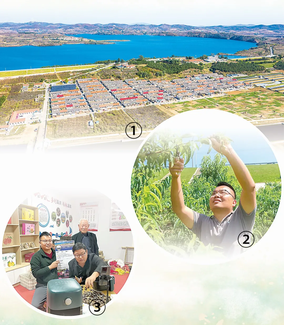 图①：俯瞰龙角山村。许同惠 摄 图②：李家琦在帮村民修剪桃枝。人民日报记者 王者 摄 图③：李家琦（左一）与村干部一起直播销售农产品。龙角山村村委会供图