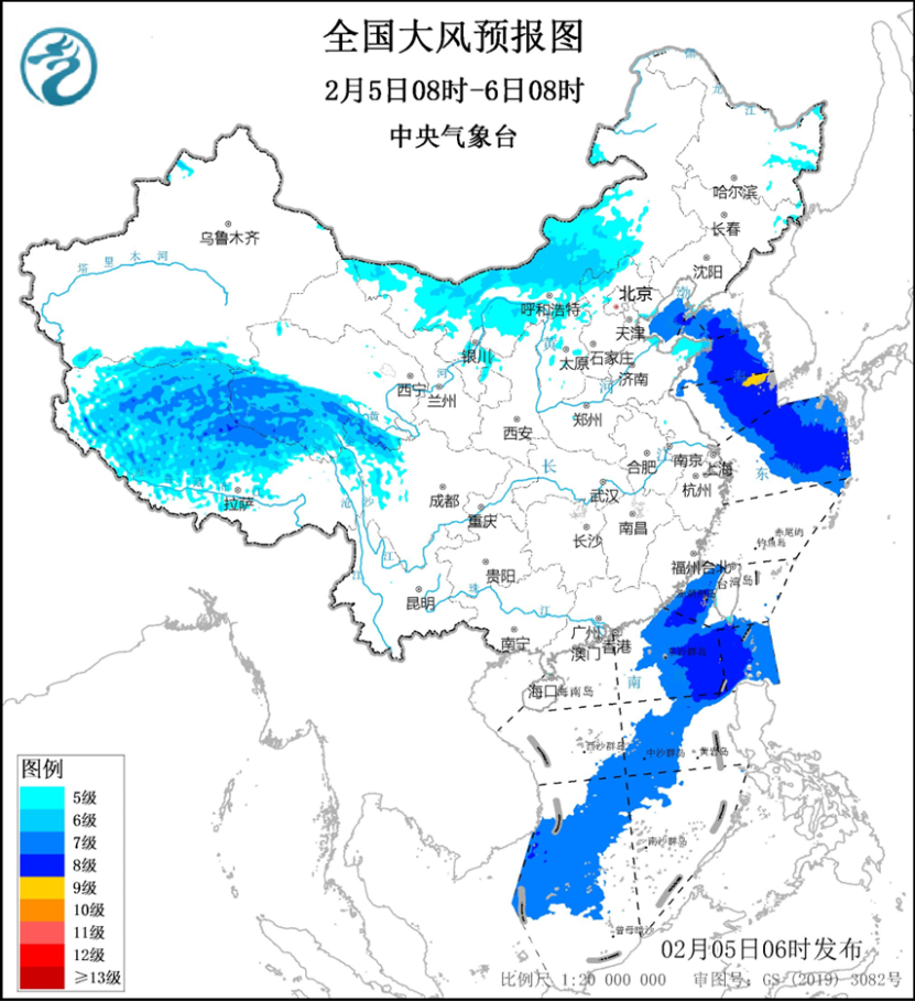 全国大风预报图（2月5日08时-6日08时）